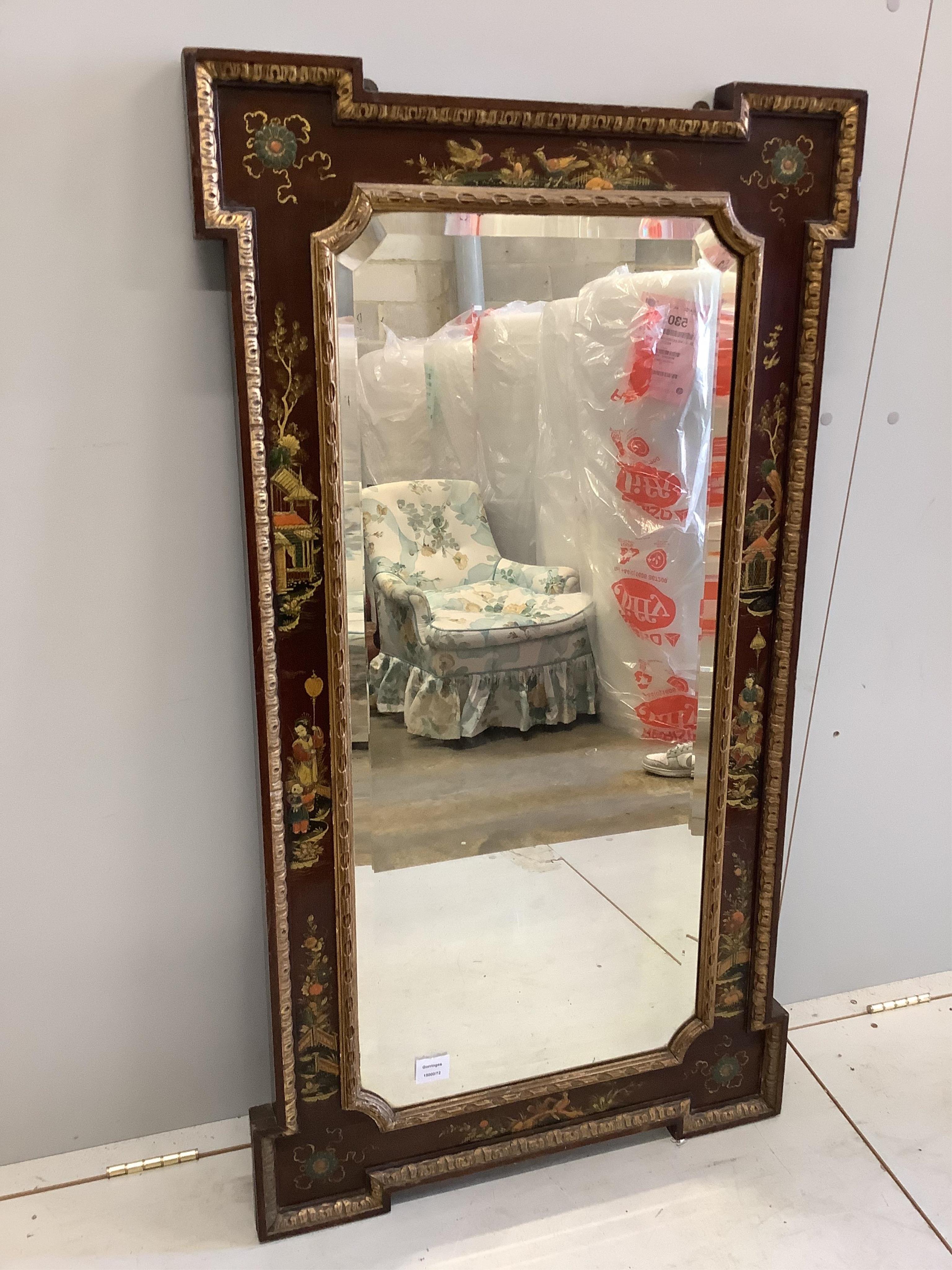 An early 20th century rectangular chinoiserie lacquer wall mirror, width 68cm, height 125cm. Condition - good